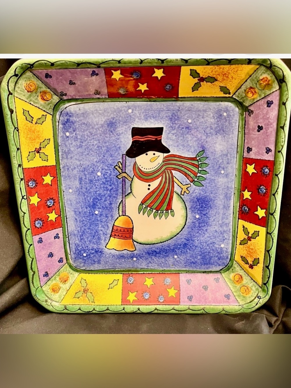 Sango Sweet Shoppe Christmas Snowman Square Serving Tray Platter 10.5" Stoneware